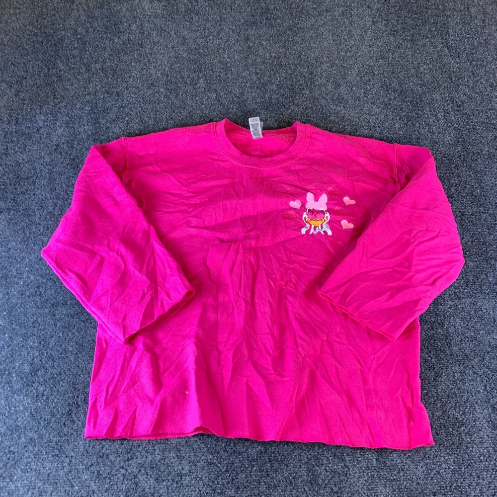 Gildan Sweatshirt Womens Medium Hot Pink Daisy Duck Valentine Hearts Embroidered